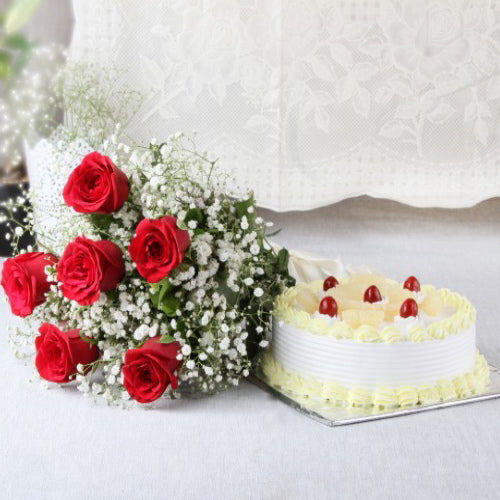Send Online 1 Kg For My Love Pineapple Cake and 10 roses bouquet Order  Delivery | flowercakengifts