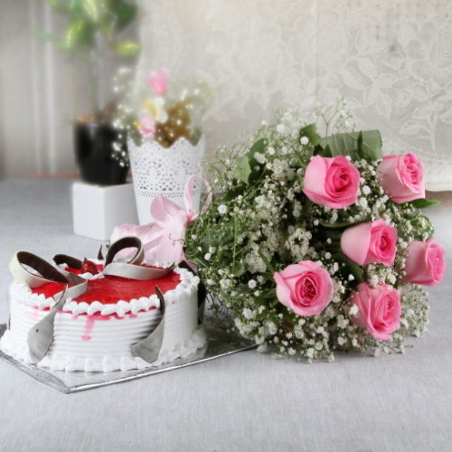 Combo of Pink Rose with Strawberry Cake