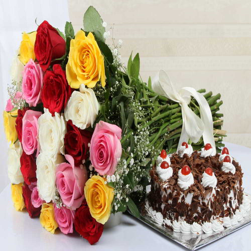 Bouquet of Mix Roses with Black forest cake