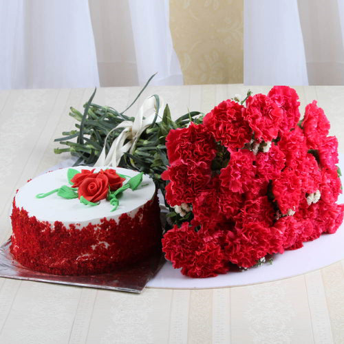 Red Velvet Cake with Carnation Bouquet