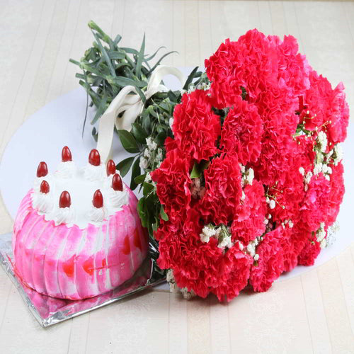 Strawberry Cake with Pink Carnation Bouquet