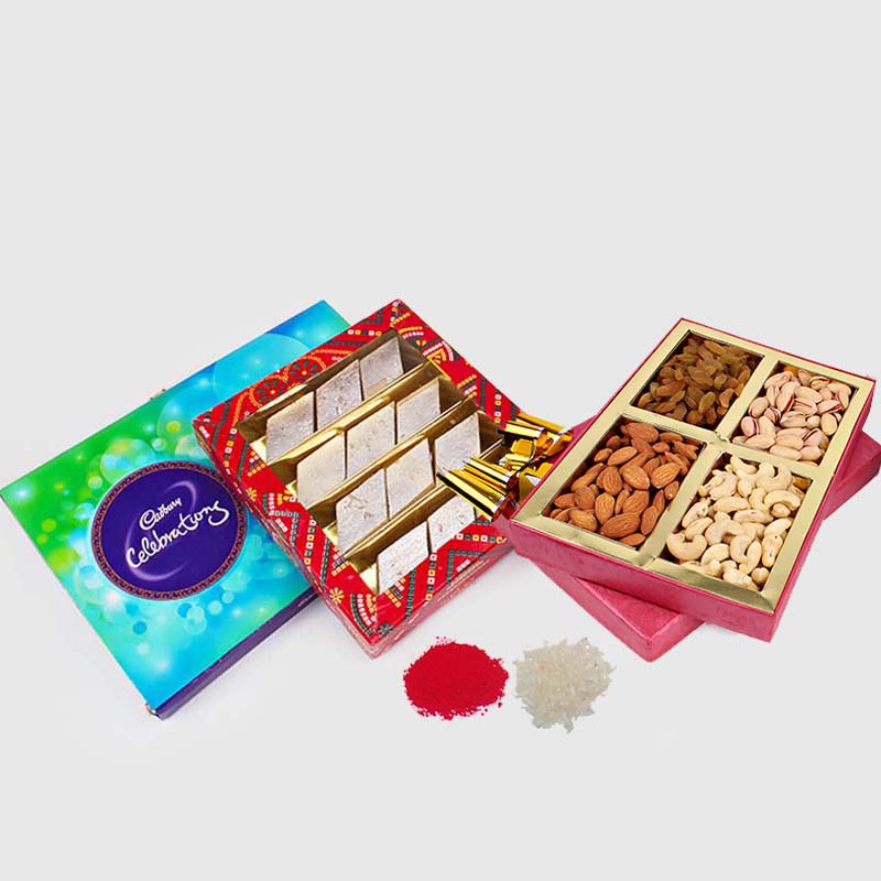 Almoda Creations Diwali Bhaidooj Chocolate Gift Combo, Bhaidooj Greeting  Card, Cadbury Celebration Festive Chocolates, Real Coconut, Kalawa Roll,  Tilak Pouch & Free Gift Wrapping Assorted Gift Box Price in India - Buy
