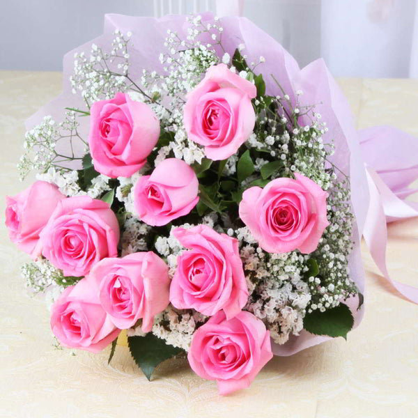 10 Pink Roses In Brown Paper, Flower Bouquet in Allahabad