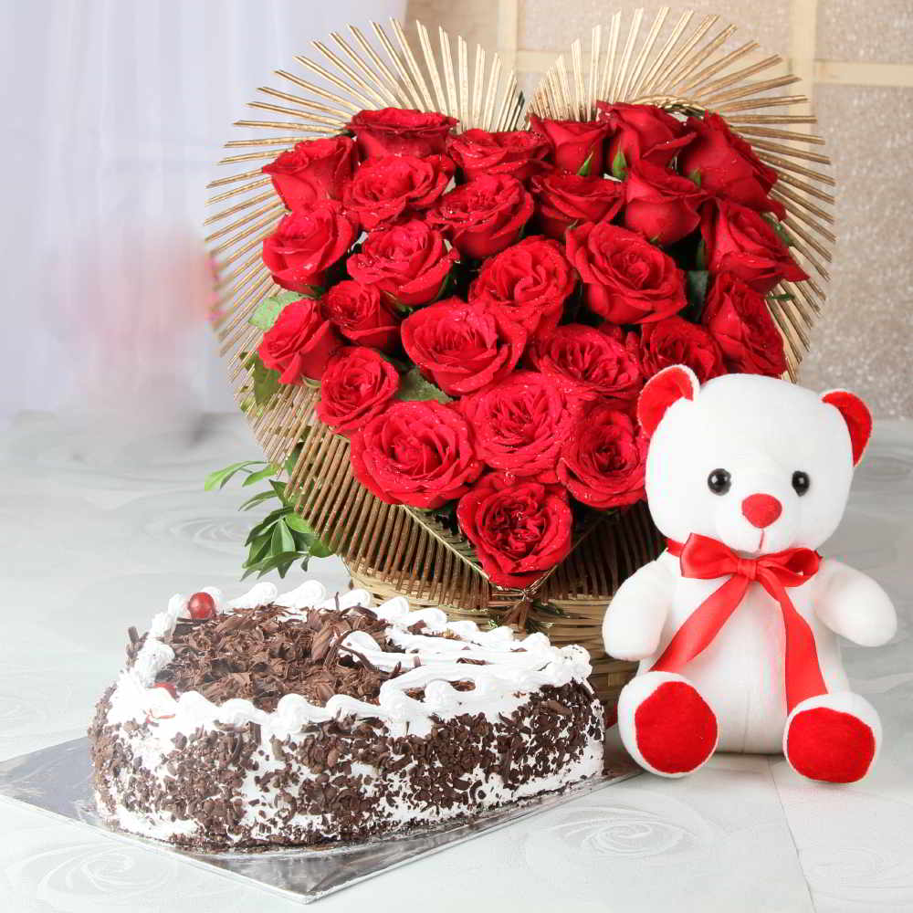 Marvelous Red Rose Bouquet with Black Forest Cake N Teddy to Varanasi, India