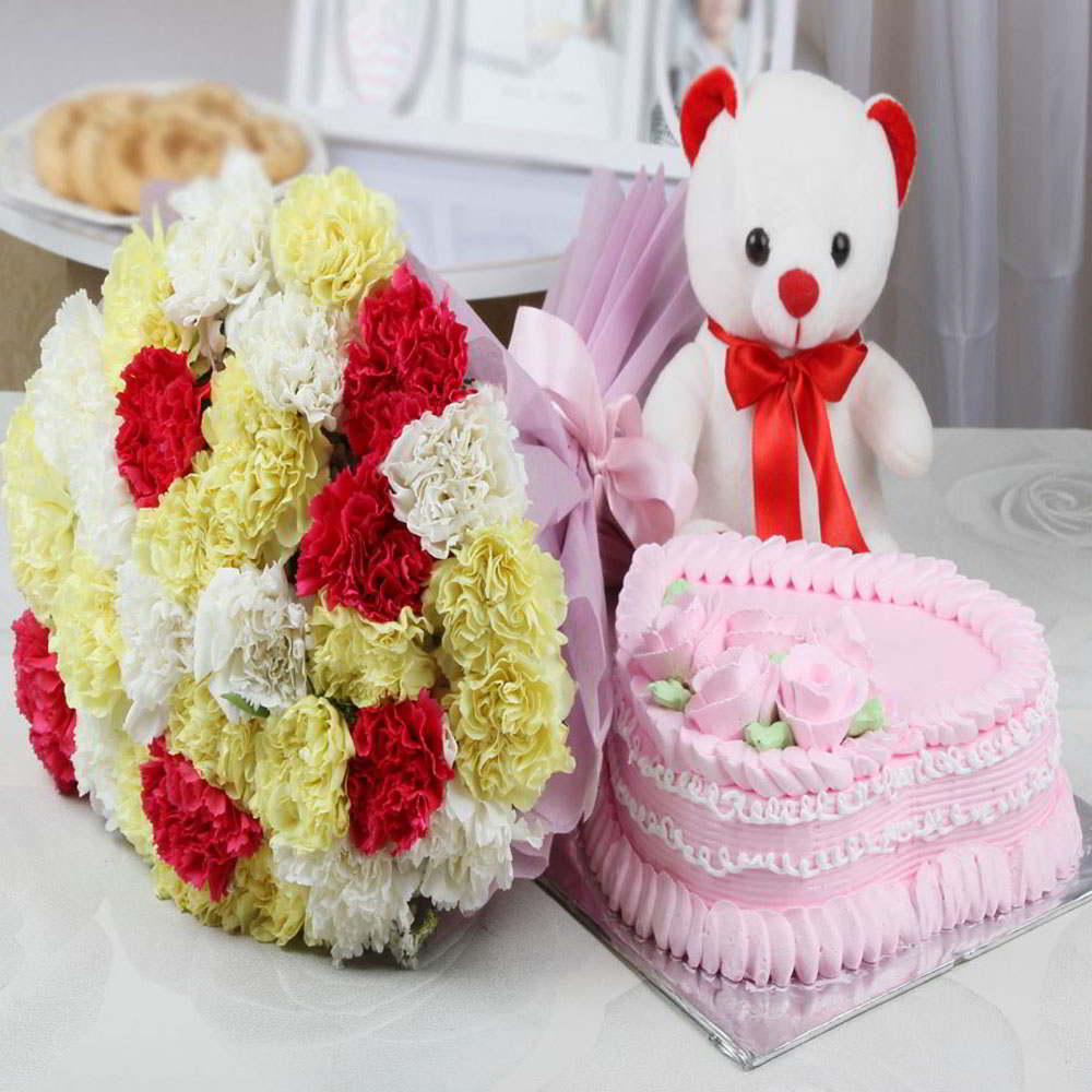 Magnificent Combo - 12 Pink Roses, 1/2 Kg Cake, Teddy Bear 6 inch + Card